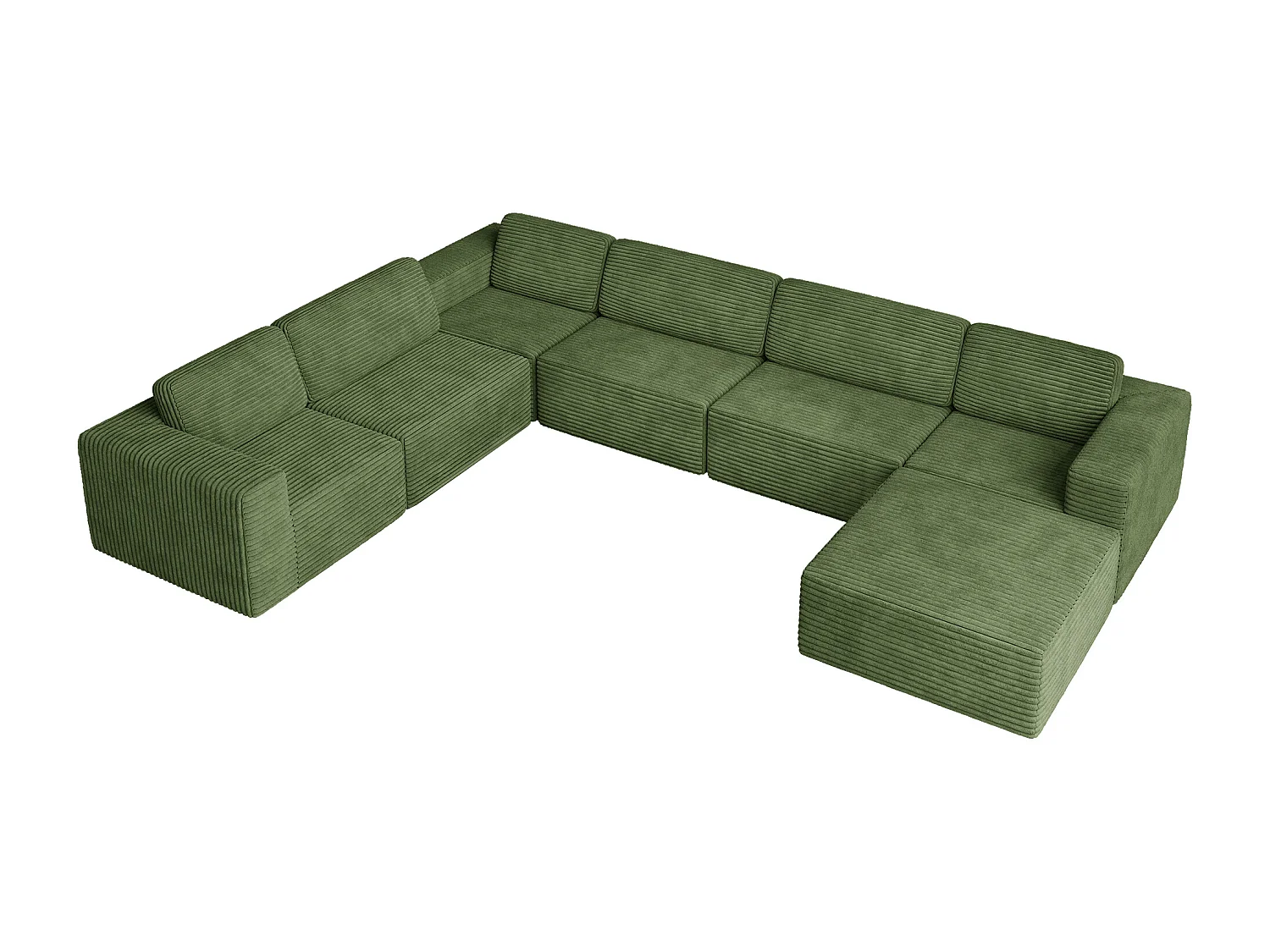 Grand canapé d'angle gauche modulable panoramique en Velours Côtelé, avec pouf, 404x303x82cm, Vert