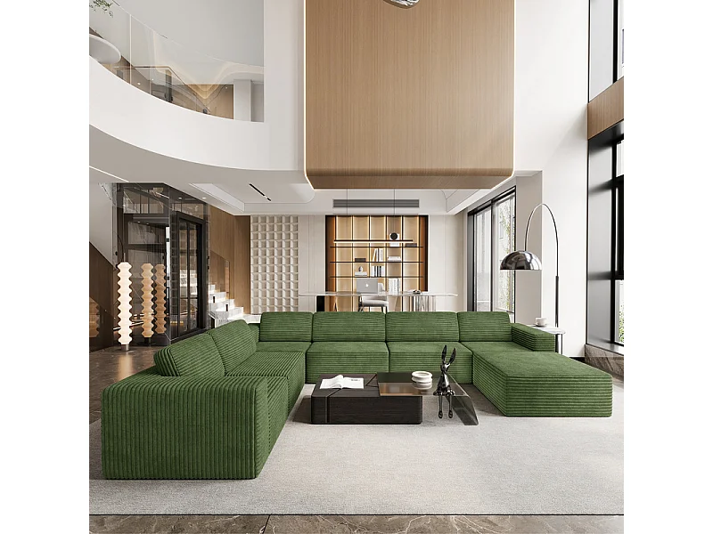 Grand canapé d'angle gauche modulable panoramique en Velours Côtelé, avec pouf, 404x303x82cm, Vert