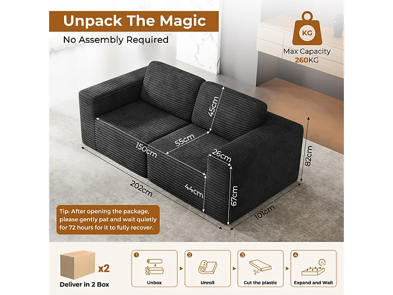 Canapé 2 places modulable en Velours Côtelé, avec 2 coussins, 202x101x82cm, Noir