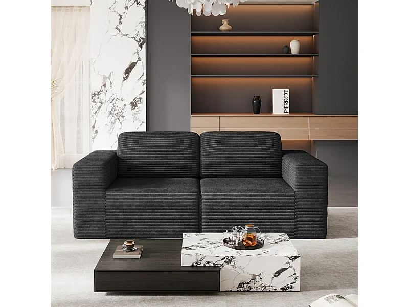 Modulaire Bank 2-zits in Ribfluweel, met 2 kussens, 202x101x82cm, Zwart