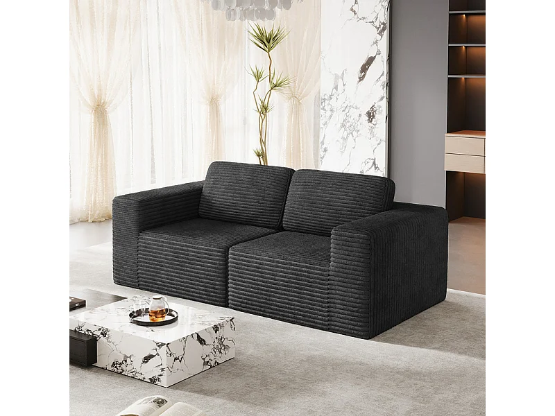 Modulaire Bank 2-zits in Ribfluweel, met 2 kussens, 202x101x82cm, Zwart