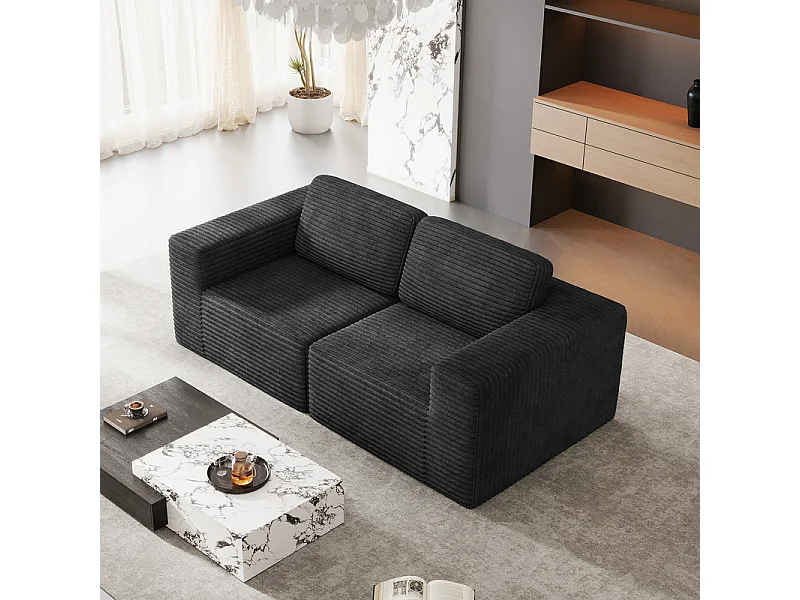 Modulaire Bank 2-zits in Ribfluweel, met 2 kussens, 202x101x82cm, Zwart