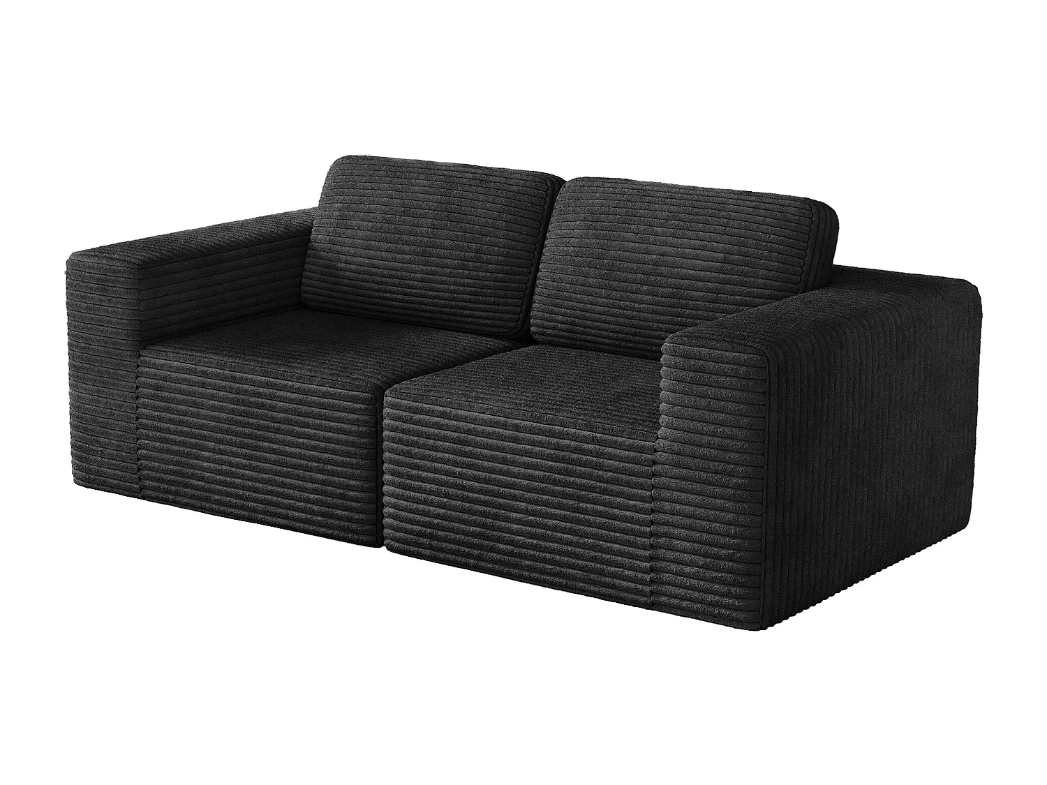 Modulaire Bank 2-zits in Ribfluweel, met 2 kussens, 202x101x82cm, Zwart