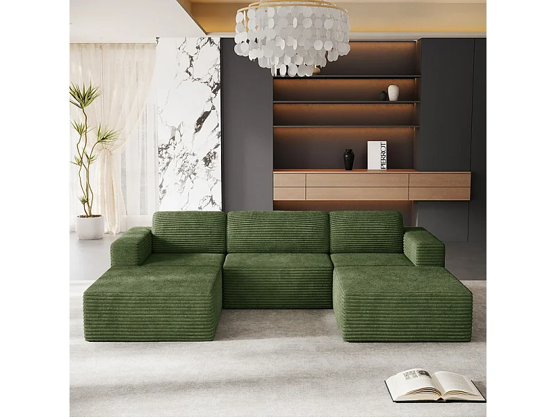 Canapé 3 places d'angle modulable en Velours Côtelé, avec 2 pouf et 3 coussins, 303x202x82cm, Vert