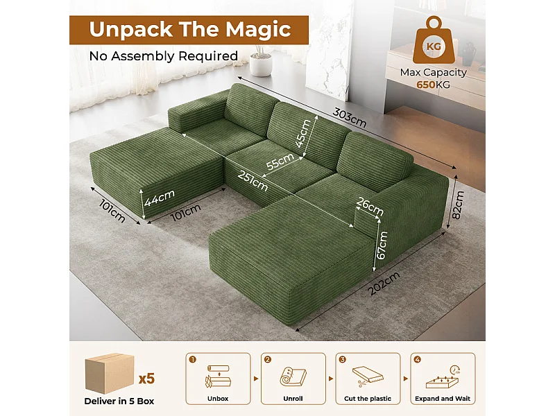 Canapé 3 places d'angle modulable en Velours Côtelé, avec 2 pouf et 3 coussins, 303x202x82cm, Vert