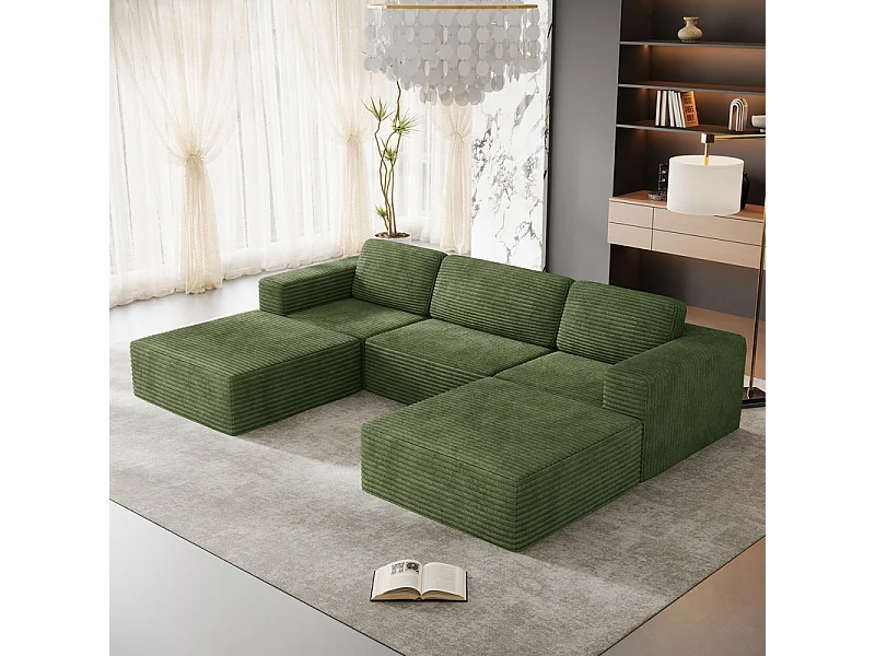 Canapé 3 places d'angle modulable en Velours Côtelé, avec 2 pouf et 3 coussins, 303x202x82cm, Vert