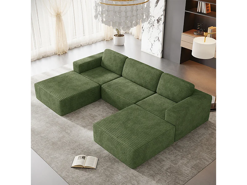 Canapé 3 places d'angle modulable en Velours Côtelé, avec 2 pouf et 3 coussins, 303x202x82cm, Vert