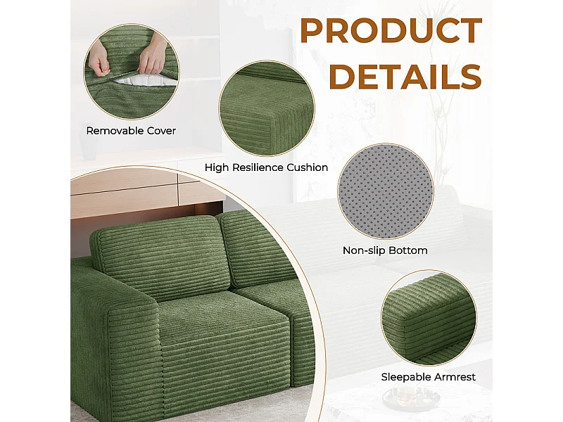 Canapé 3 places d'angle modulable en Velours Côtelé, avec 2 pouf et 3 coussins, 303x202x82cm, Vert