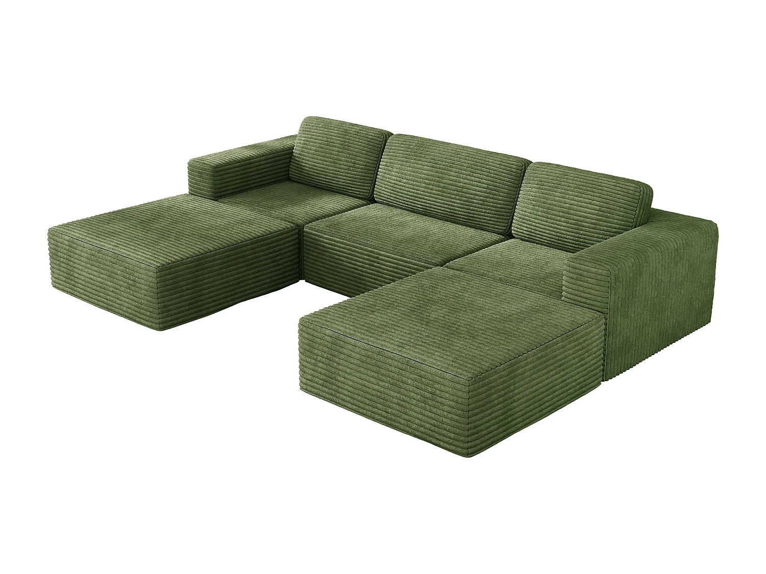 Canapé 3 places d'angle modulable en Velours Côtelé, avec 2 pouf et 3 coussins, 303x202x82cm, Vert