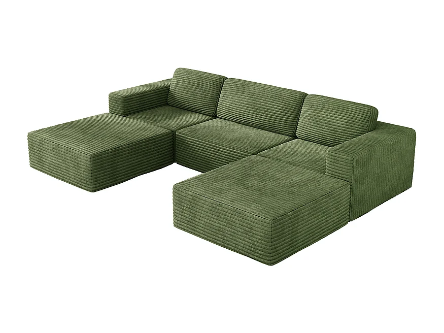 Sofá de Esquina Modular 3 plazas en Pana, con 2 poufs y 3 cojines, 303x202x82cm, Verde