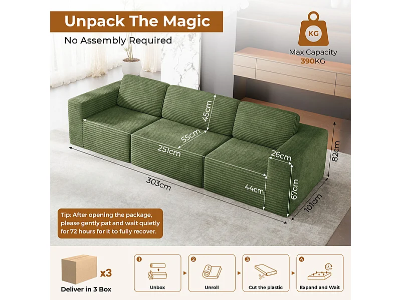 Canapé 3 places modulable en Velours Côtelé, avec 3 coussins, 303x101x82cm, Vert