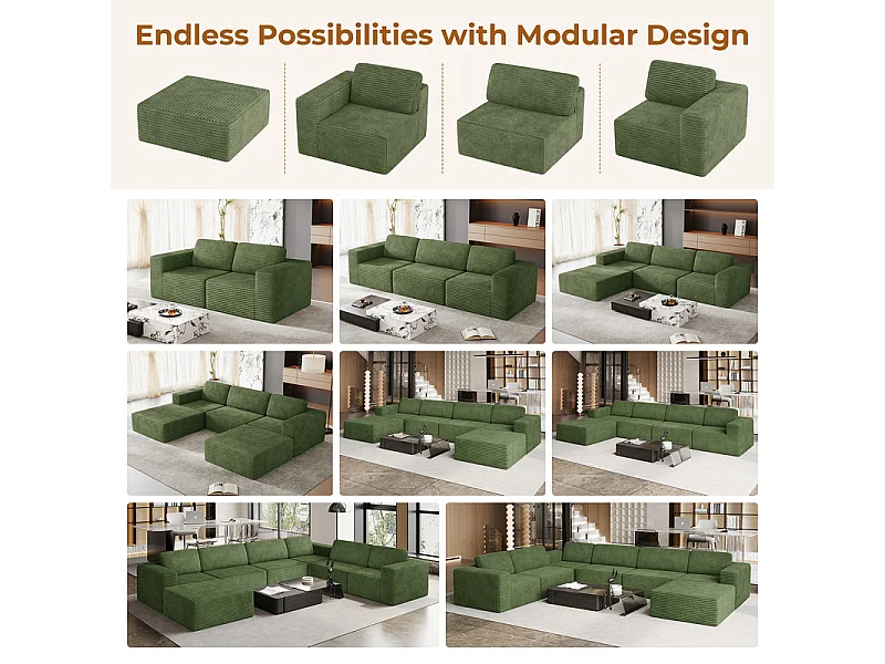 Canapé 3 places modulable en Velours Côtelé, avec 3 coussins, 303x101x82cm, Vert