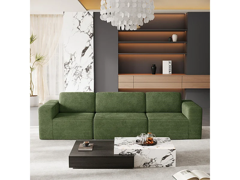 Canapé 3 places modulable en Velours Côtelé, avec 3 coussins, 303x101x82cm, Vert