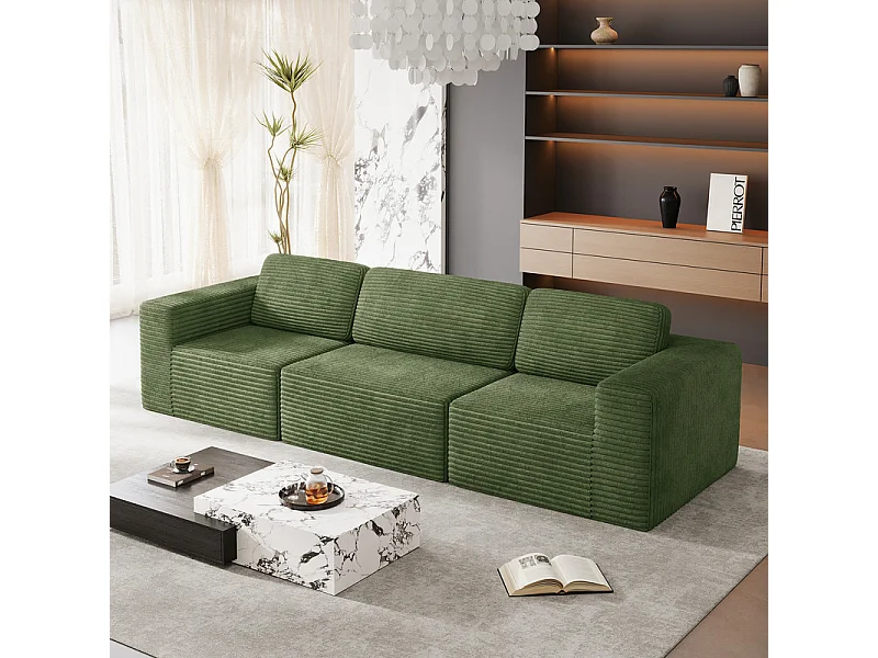 Canapé 3 places modulable en Velours Côtelé, avec 3 coussins, 303x101x82cm, Vert