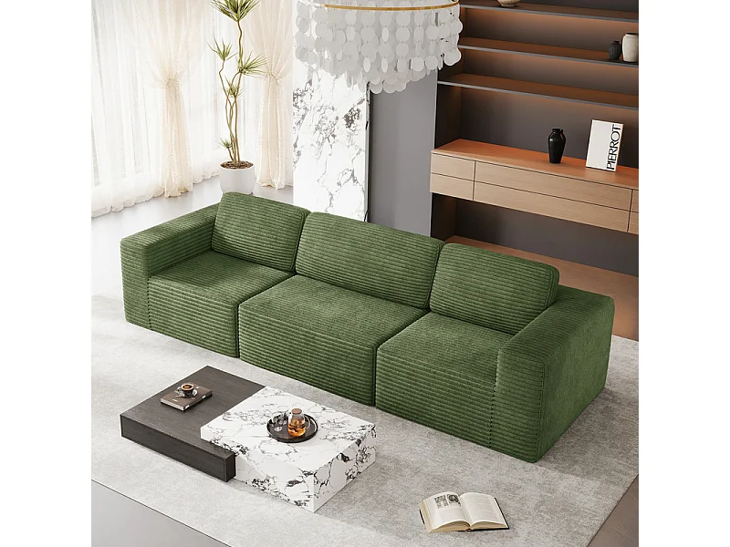 Canapé 3 places modulable en Velours Côtelé, avec 3 coussins, 303x101x82cm, Vert