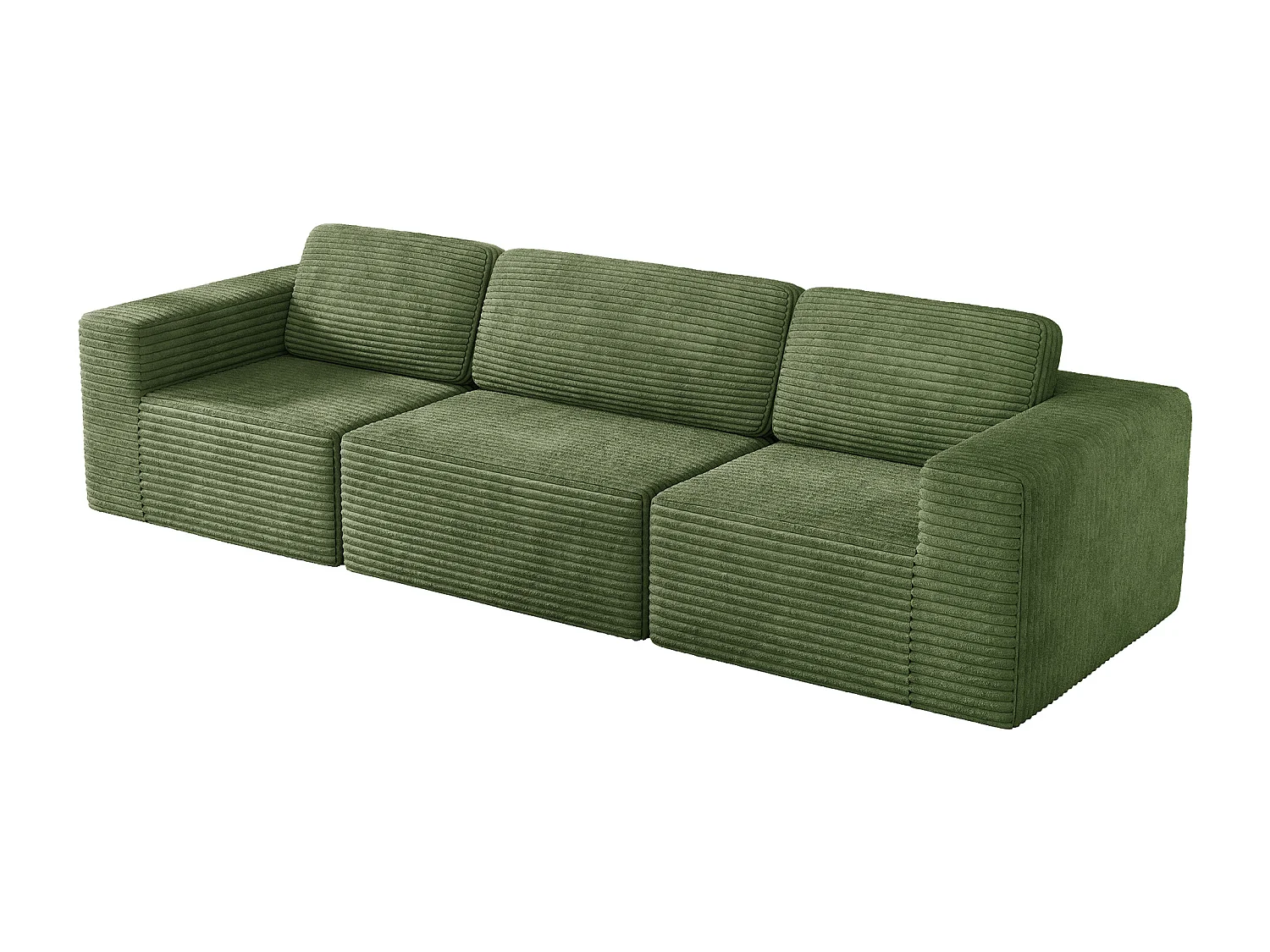 Canapé 3 places modulable en Velours Côtelé, avec 3 coussins, 303x101x82cm, Vert