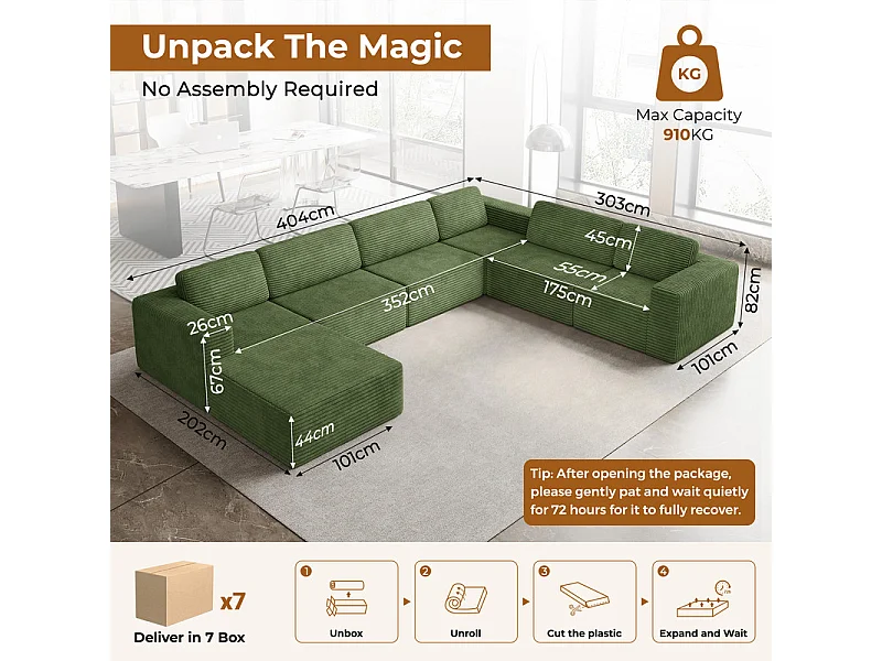 Grand canapé d'angle droit modulable panoramique en Velours Côtelé, avec pouf, 404x303x82cm, Vert