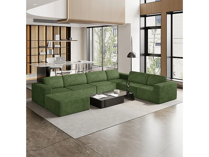 Grand canapé d'angle droit modulable panoramique en Velours Côtelé, avec pouf, 404x303x82cm, Vert