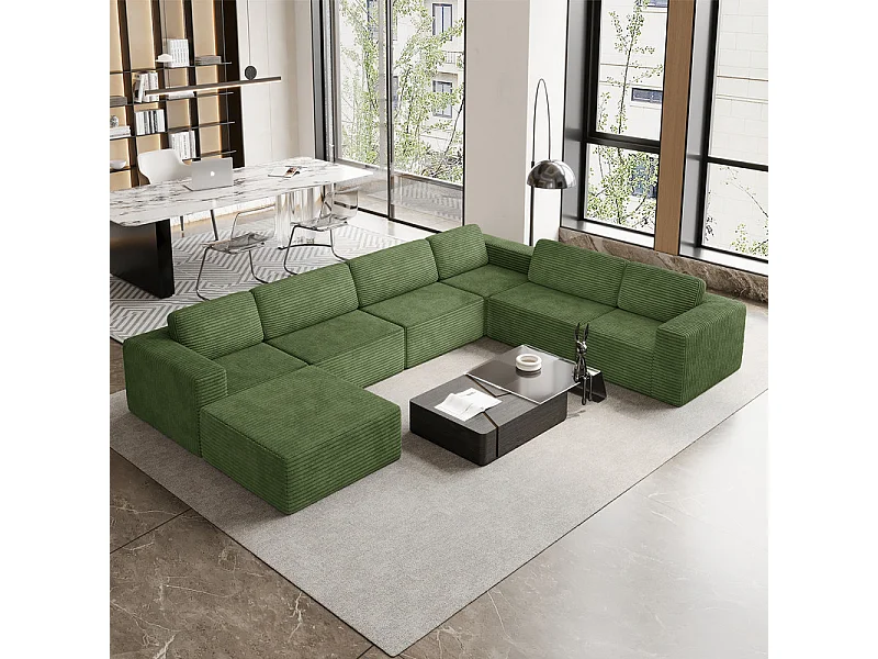 Grand canapé d'angle droit modulable panoramique en Velours Côtelé, avec pouf, 404x303x82cm, Vert