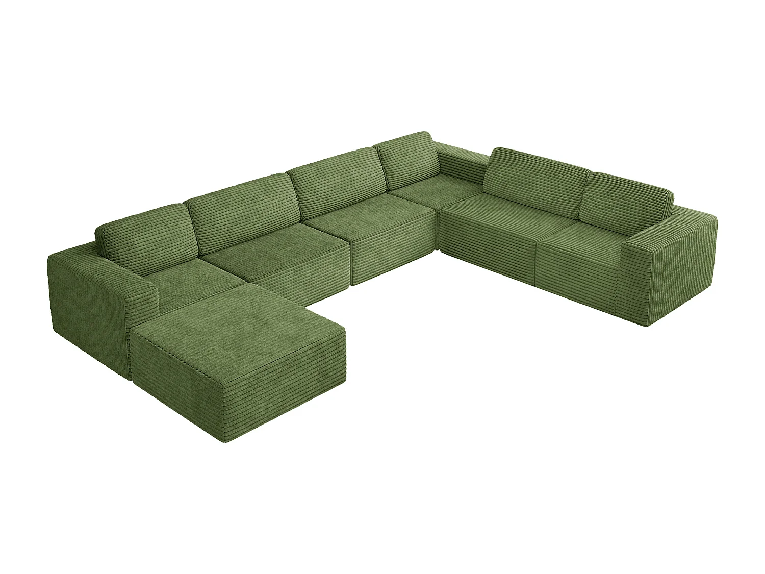 Grand canapé d'angle droit modulable panoramique en Velours Côtelé, avec pouf, 404x303x82cm, Vert