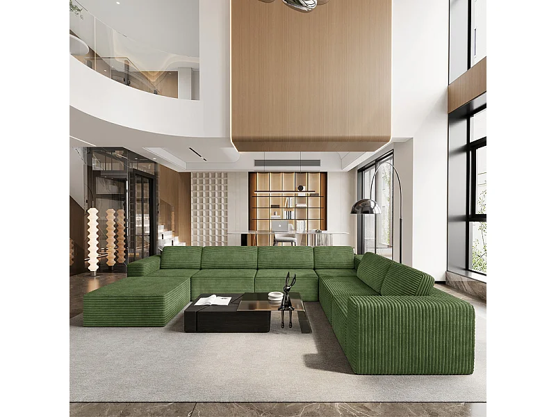 Grand canapé d'angle droit modulable panoramique en Velours Côtelé, avec pouf, 404x303x82cm, Vert