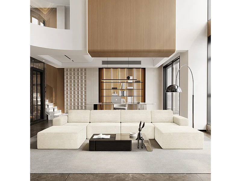 Grand canapé d'angle modulable en Velours Côtelé, 4 places et 2 pouf, 404x202x82cm, Beige
