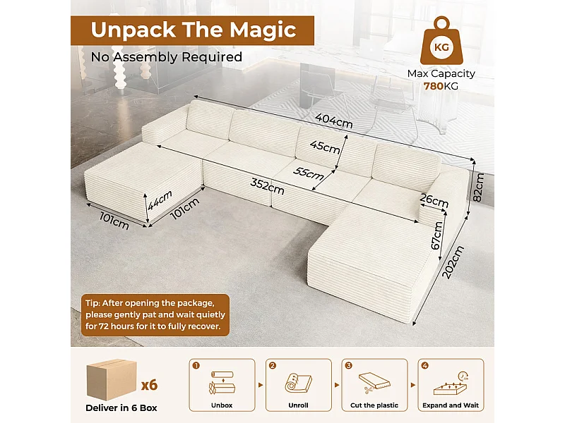 Grand canapé d'angle modulable en Velours Côtelé, 4 places et 2 pouf, 404x202x82cm, Beige