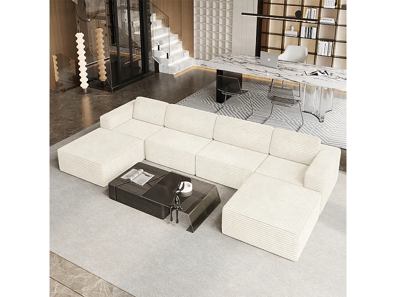 Grand canapé d'angle modulable en Velours Côtelé, 4 places et 2 pouf, 404x202x82cm, Beige