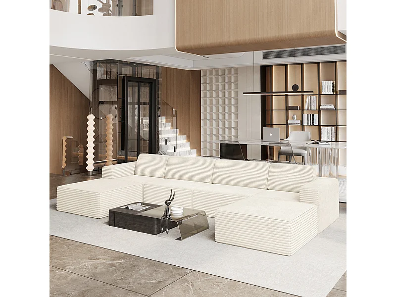 Großes Modulares Ecksofa in Rippvelours, 4-sitzig und 2 Hocker, 404x202x82cm, Beige