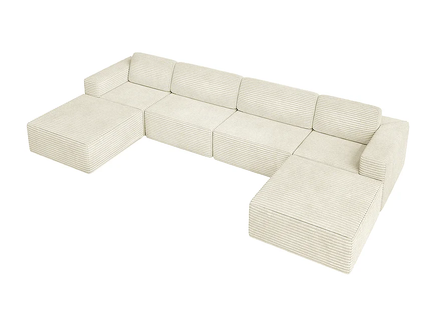 Großes Modulares Ecksofa in Rippvelours, 4-sitzig und 2 Hocker, 404x202x82cm, Beige