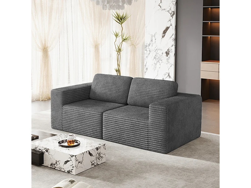 Canapé 2 places modulable en Velours Côtelé, avec 2 coussins, 202x101x82cm, Gris
