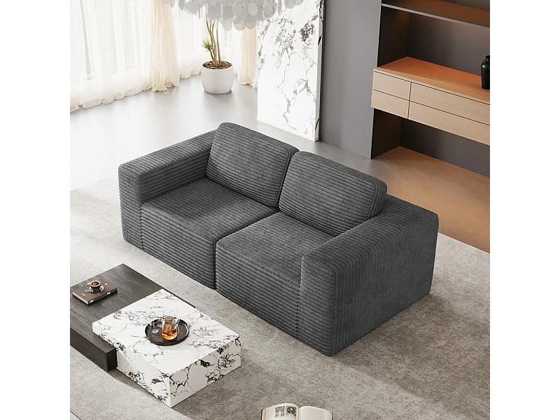 Canapé 2 places modulable en Velours Côtelé, avec 2 coussins, 202x101x82cm, Gris