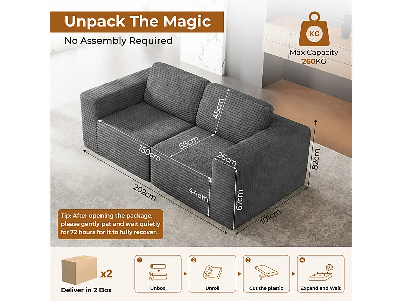 Canapé 2 places modulable en Velours Côtelé, avec 2 coussins, 202x101x82cm, Gris