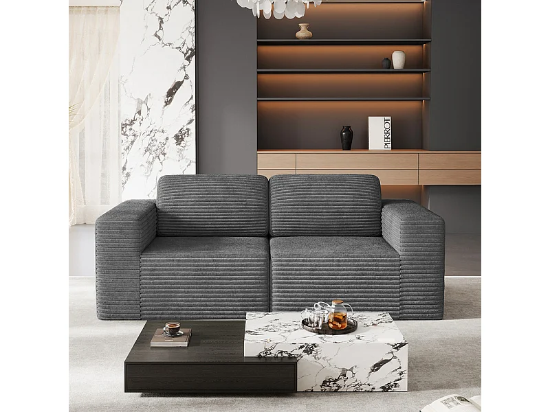 Modulaire Bank 2-zits in Ribfluweel, met 2 kussens, 202x101x82cm, Grijs