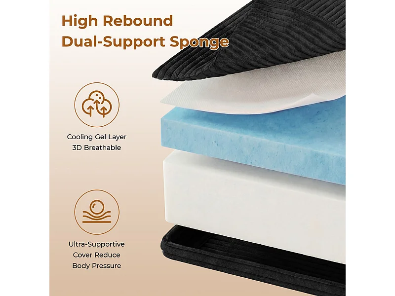 Grand Canapé 4 places modulable en Velours Côtelé, avec pouf et 4 coussins, 404x202x82cm, Noir