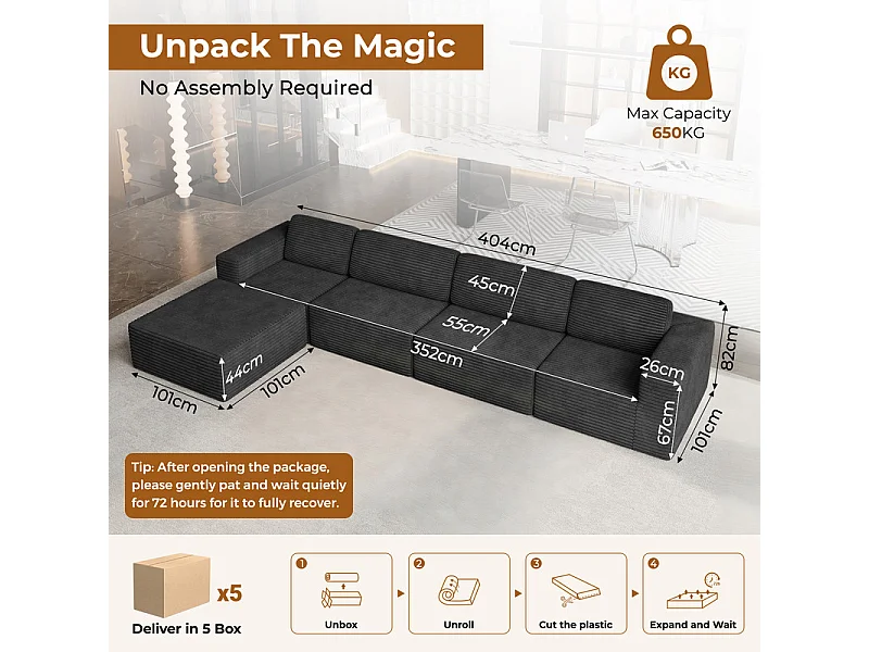 Großes Modulares Sofa 4-sitzig in Rippvelours, mit Hocker und 4 Kissen, 404x202x82cm, Schwarz