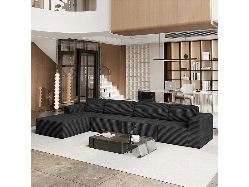 Großes Modulares Sofa 4-sitzig in Rippvelours, mit Hocker und 4 Kissen, 404x202x82cm, Schwarz