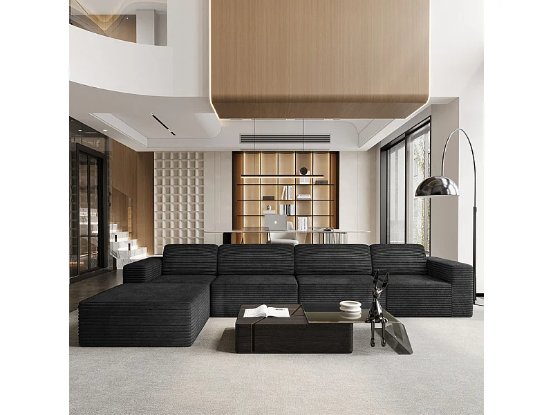 Grote Modulaire Bank 4-zits in Ribfluweel, met poef en 4 kussens, 404x202x82cm, Zwart