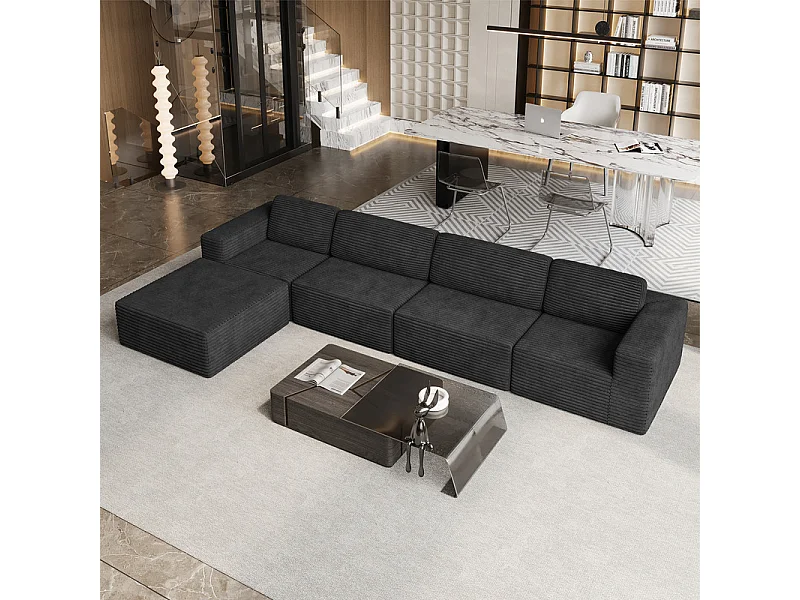 Grote Modulaire Bank 4-zits in Ribfluweel, met poef en 4 kussens, 404x202x82cm, Zwart