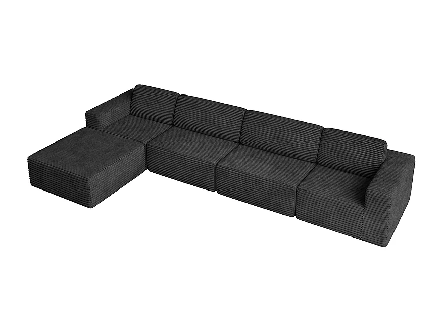 Grote Modulaire Bank 4-zits in Ribfluweel, met poef en 4 kussens, 404x202x82cm, Zwart