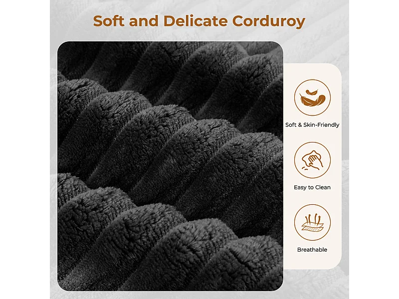 Grand canapé d'angle gauche modulable panoramique en Velours Côtelé, avec pouf, 404x303x82cm, Noir