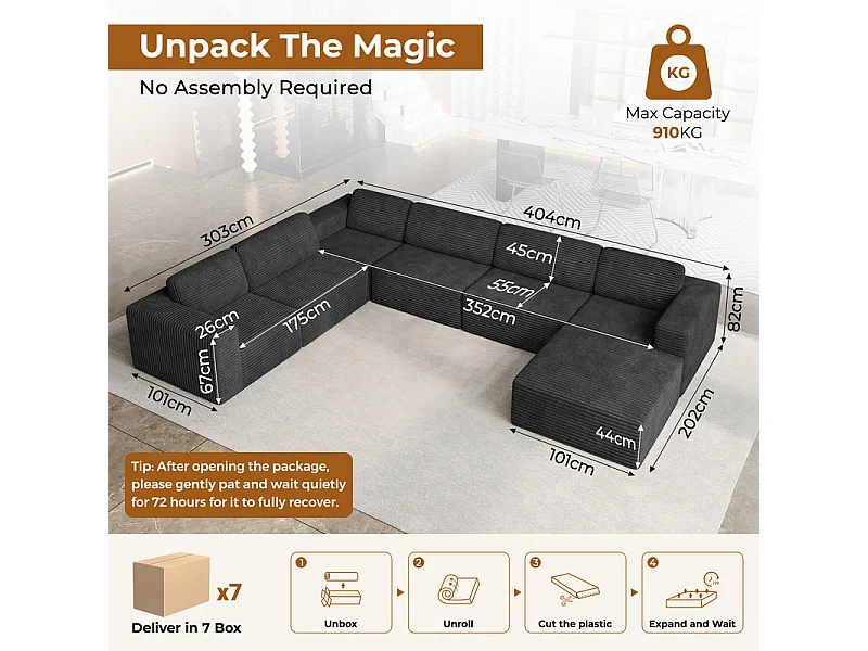 Grand canapé d'angle gauche modulable panoramique en Velours Côtelé, avec pouf, 404x303x82cm, Noir