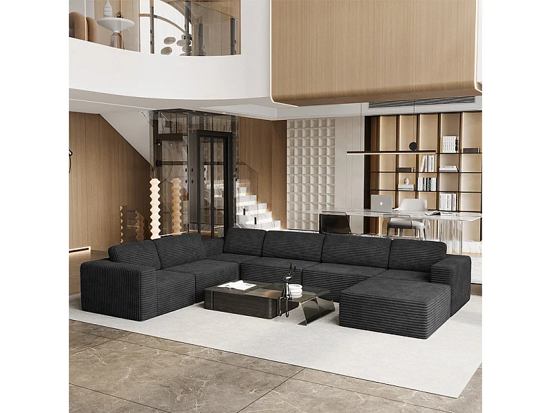 Grand canapé d'angle gauche modulable panoramique en Velours Côtelé, avec pouf, 404x303x82cm, Noir