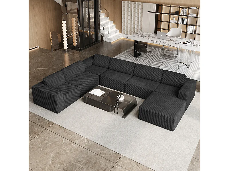 Grand canapé d'angle gauche modulable panoramique en Velours Côtelé, avec pouf, 404x303x82cm, Noir