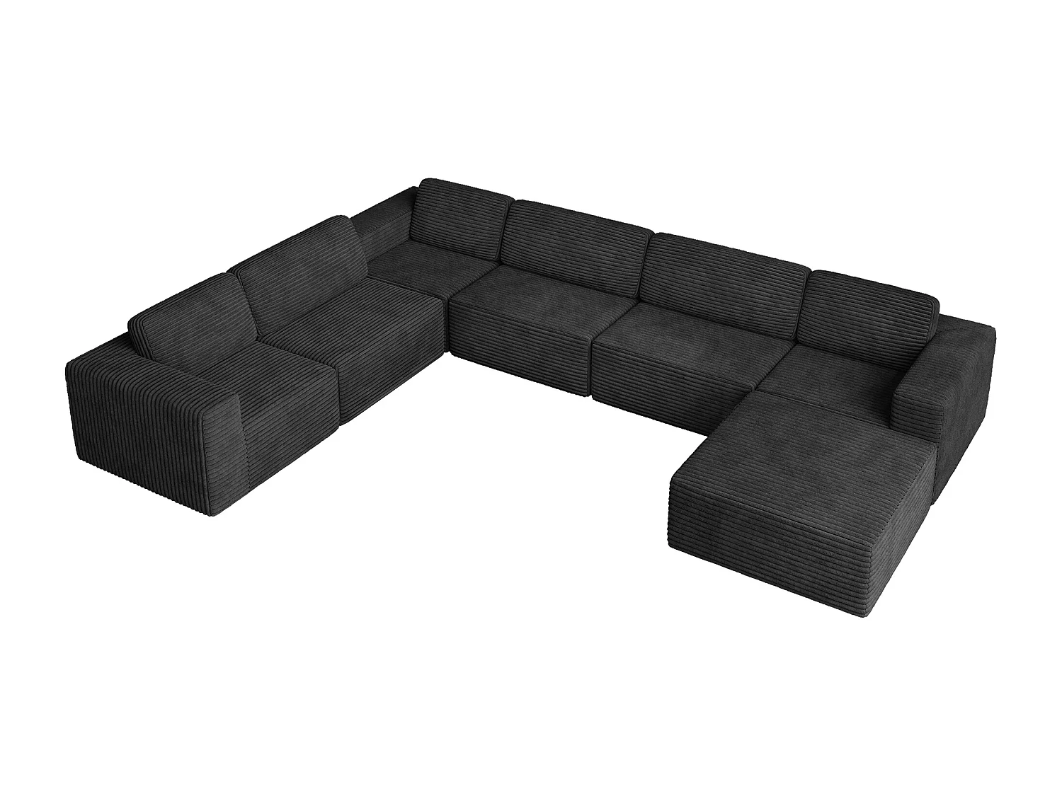 Grand canapé d'angle gauche modulable panoramique en Velours Côtelé, avec pouf, 404x303x82cm, Noir