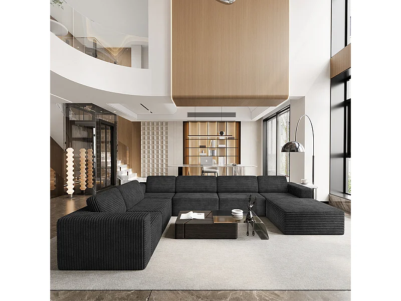 Grand canapé d'angle gauche modulable panoramique en Velours Côtelé, avec pouf, 404x303x82cm, Noir