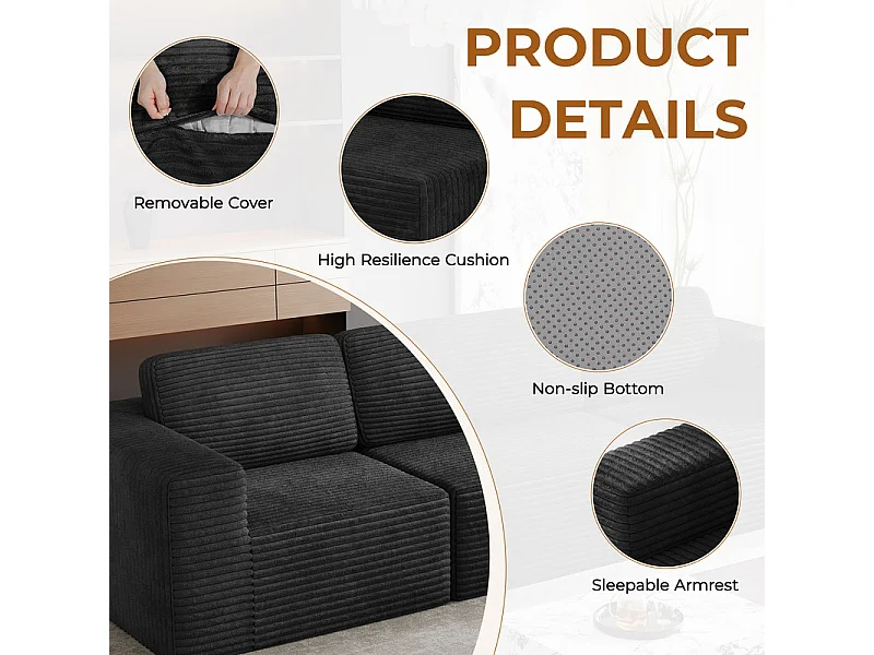 Canapé 3 places d'angle modulable en Velours Côtelé, avec 2 pouf et 3 coussins, 303x202x82cm, Noir