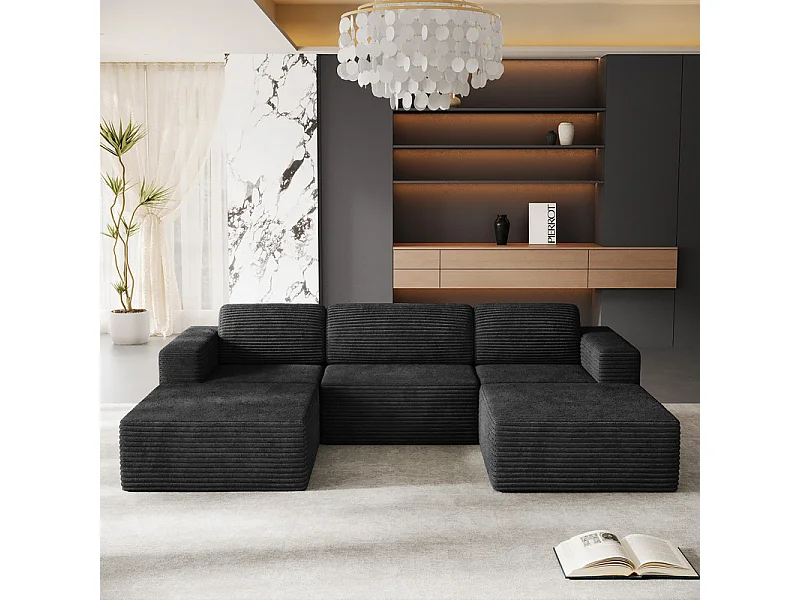 Divano Angolare Modulare 3 posti in Velluto Costola, con 2 pouf e 3 cuscini, 303x202x82cm, Nero