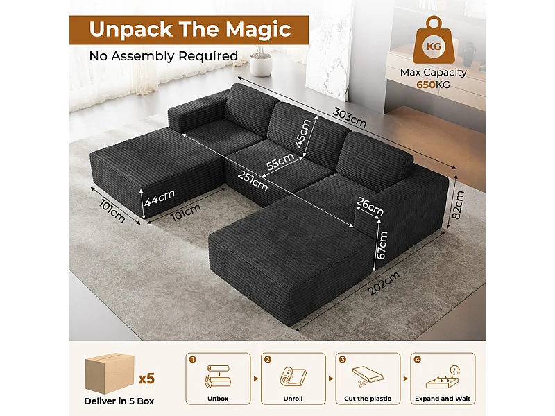 Divano Angolare Modulare 3 posti in Velluto Costola, con 2 pouf e 3 cuscini, 303x202x82cm, Nero