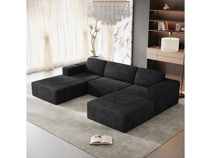 Divano Angolare Modulare 3 posti in Velluto Costola, con 2 pouf e 3 cuscini, 303x202x82cm, Nero